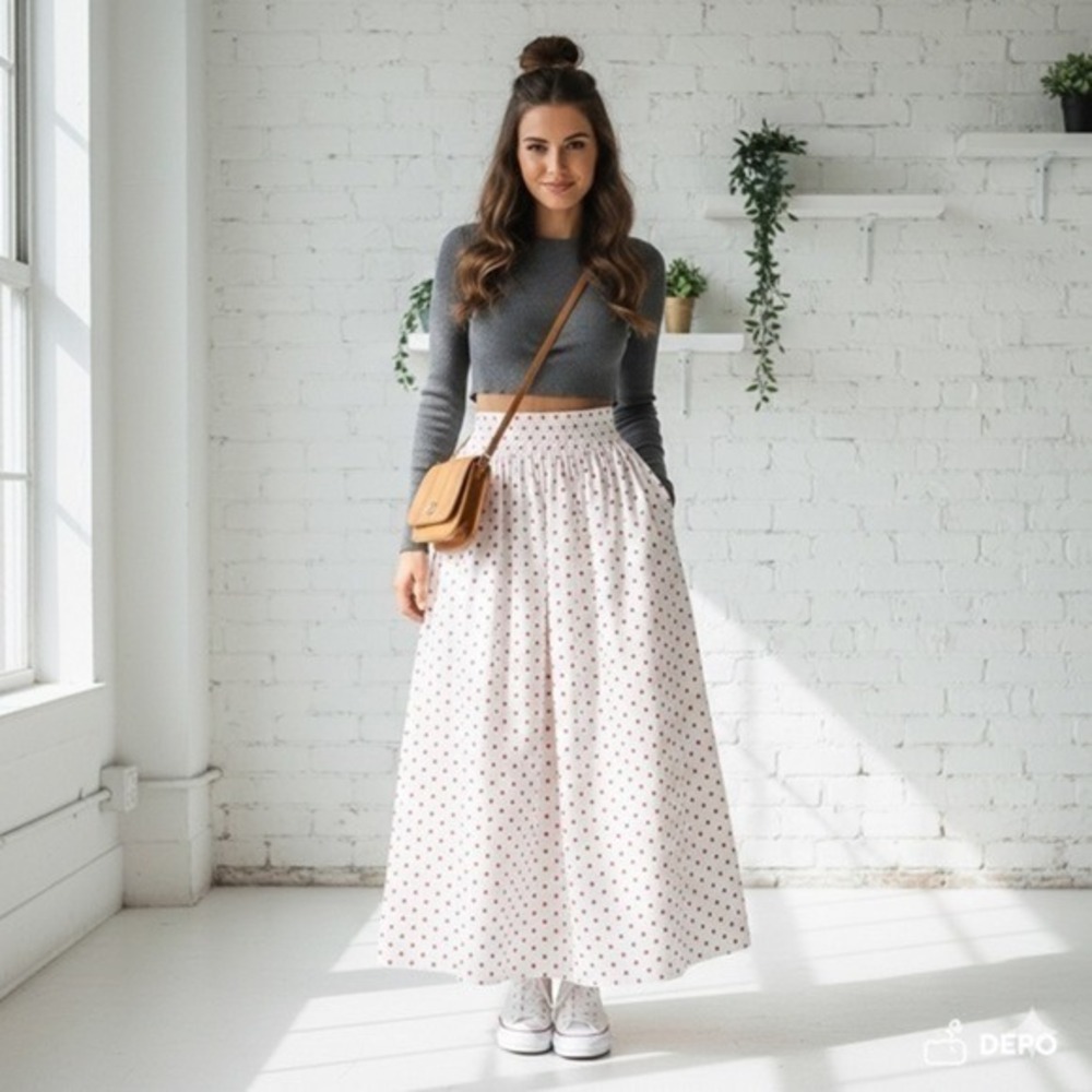 Princess Polly Red Polka Dot White High Waisted Valeria Maxi Skirt US 10 Pockets - Picture 2 of 7